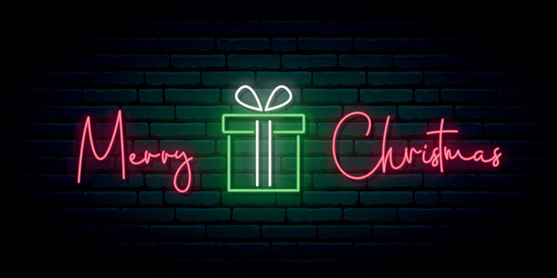 Neon Merry Christmas signboard. Greeting banner with glowing neon text and gift box. vector