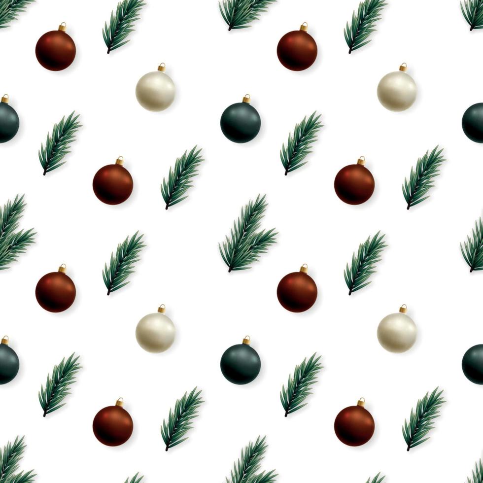 Winter seamless pattern with tree branches and Christmas baubles on white background. vector