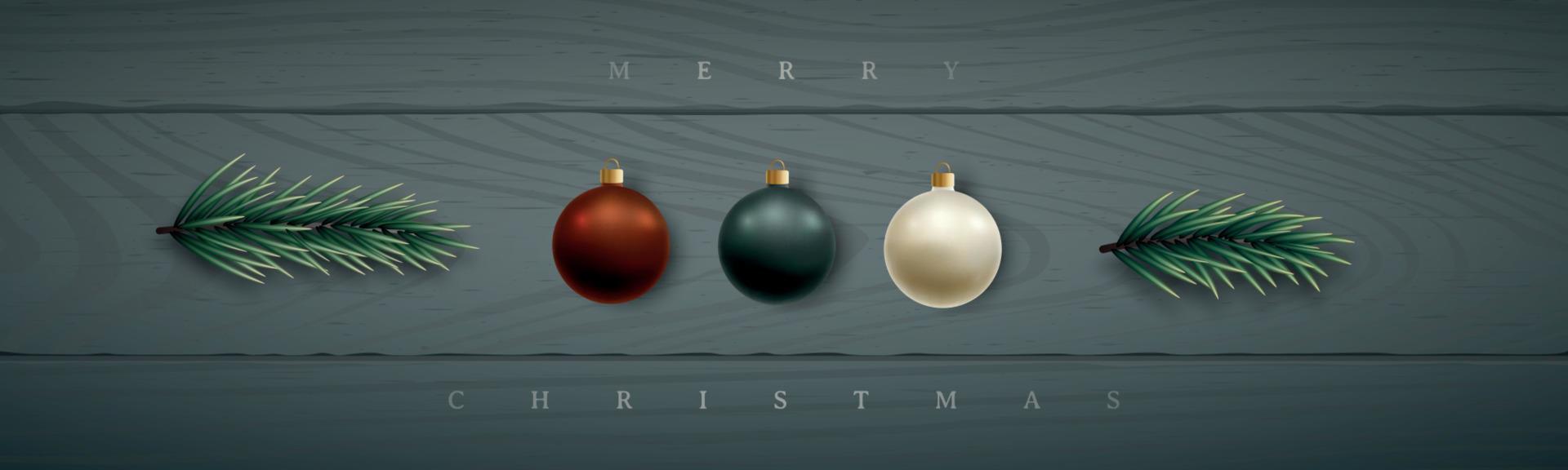 Christmas horizontal banner with realistic shiny baubles and spruce branches. vector