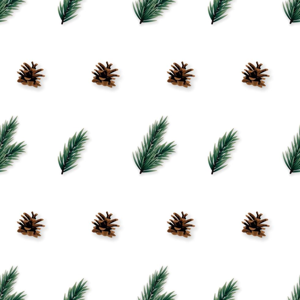 patrón impecable con ramas y conos de pino realistas. vector