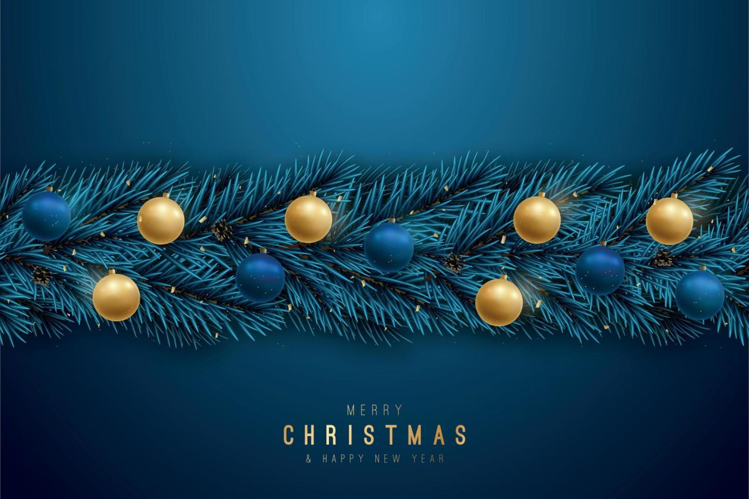 Seamless garland with realistic fir tree branches, lights and shiny baubles. vector