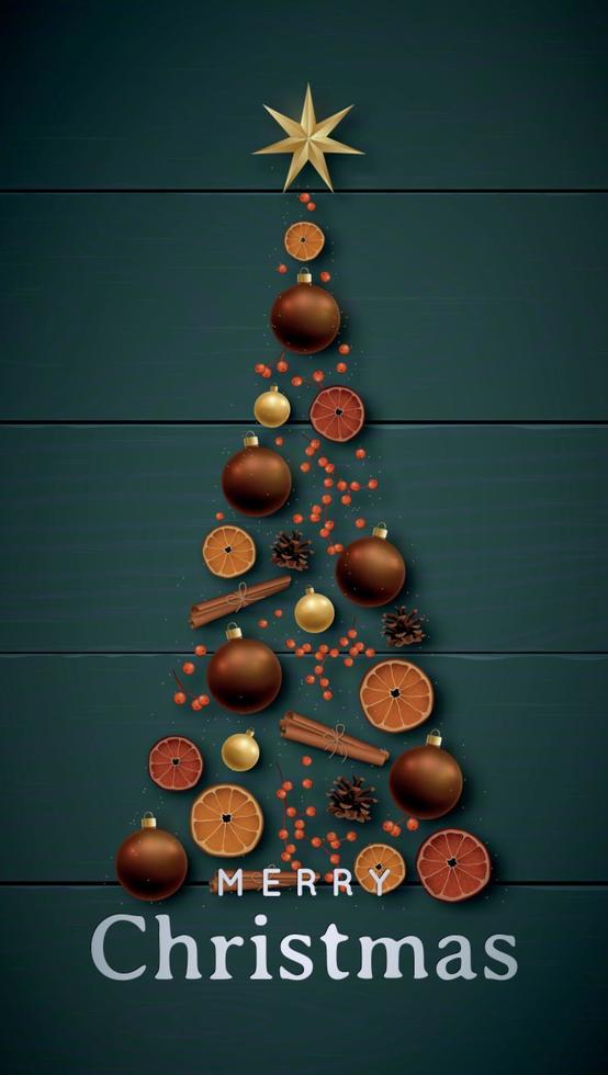 banner festivo de navidad con árbol de navidad hecho de elementos decorativos realistas. vector