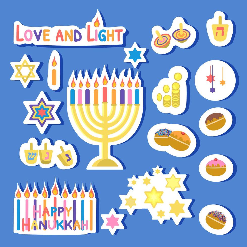 feliz hanukkah pegatinas vector ilustración aislado sobre fondo azul