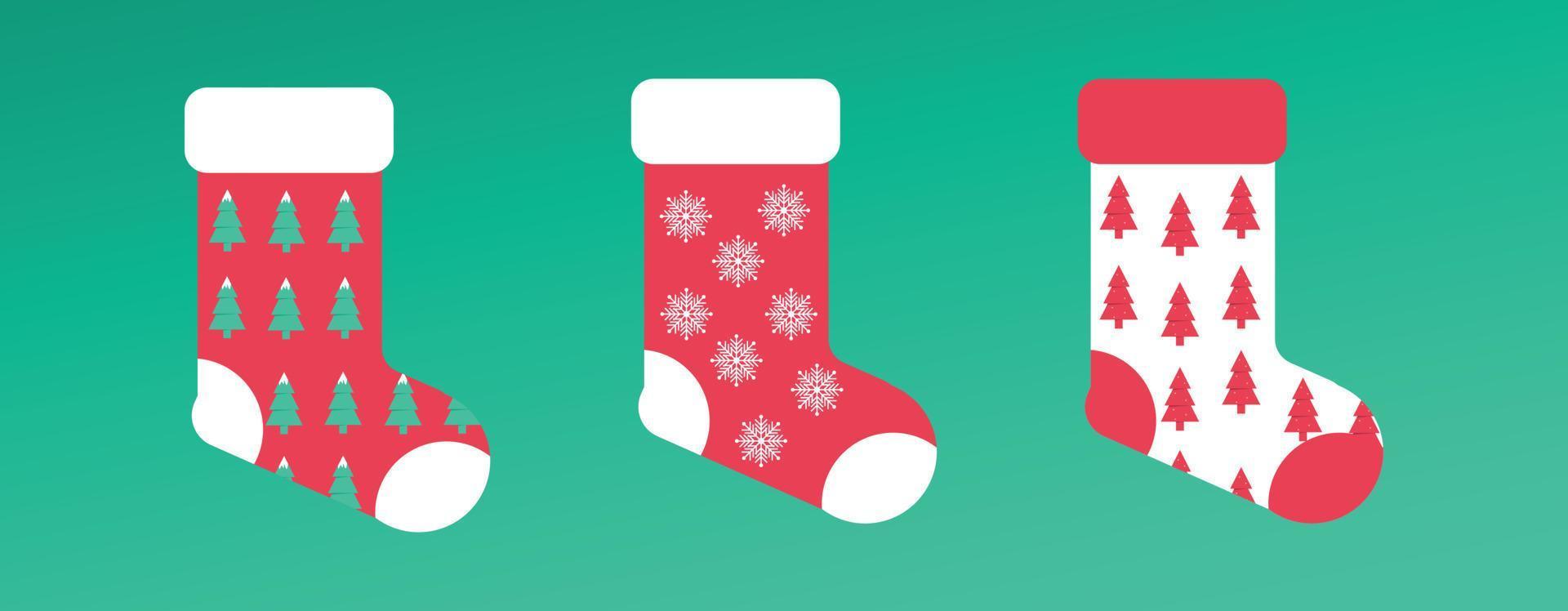 calcetines navideños, con árboles de navidad y copos de nieve vector