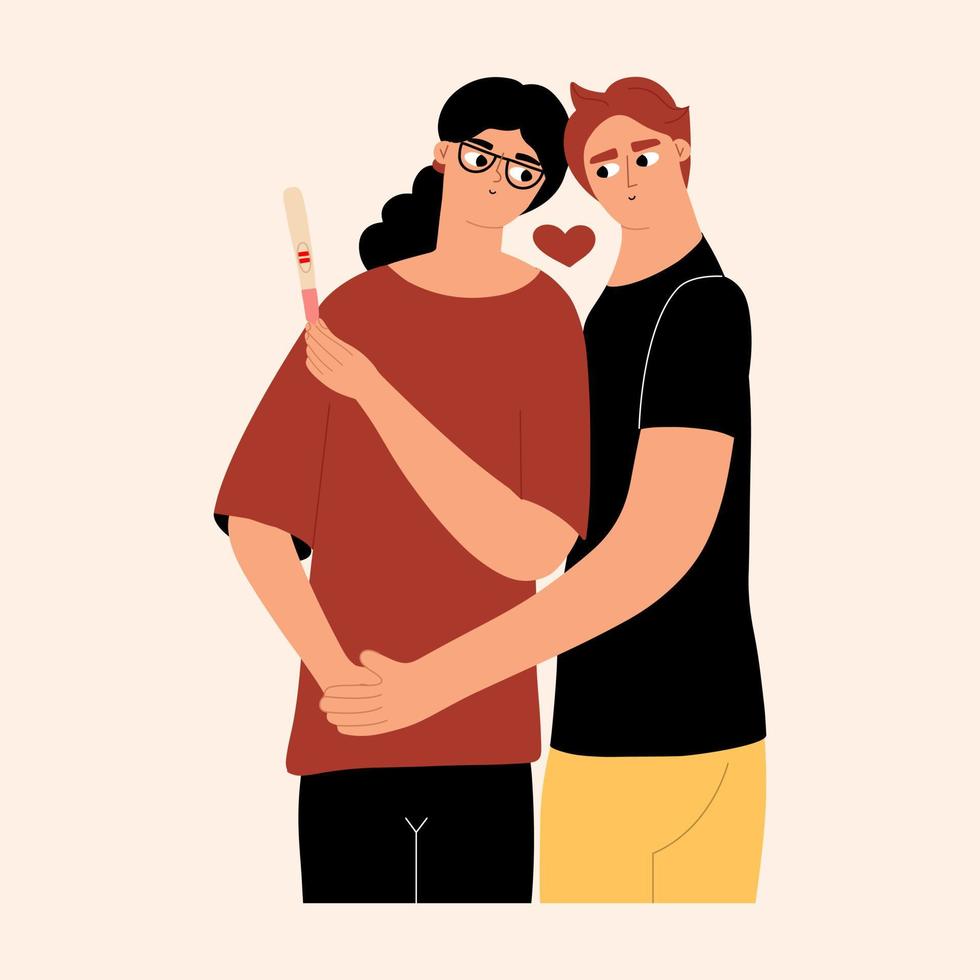 Young happy family expecting a baby. The expectant mother holds a positive pregnancy test in two strips in her hands and shows it to the future father. Vector illustration in a flat style.