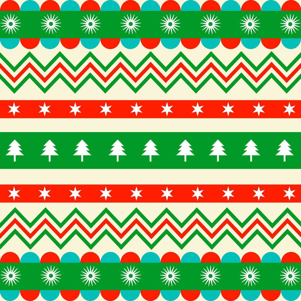 fondo de patrón de navidad. textura de año nuevo con estrellas, árbol de navidad, copos de nieve y zigzag en color blanco, verde y rojo. vector
