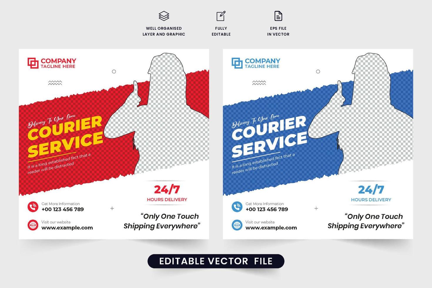 Supermarket home delivery service template vector with photo placeholders. Courier business promotional web banner design with red and blue colors. Delivery service social media post vector.