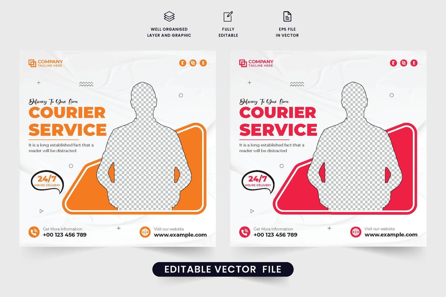 Modern courier service social media post vector with geometric shapes. Package delivery and courier service template design with orange and red colors. Home delivery business promotion poster vector.