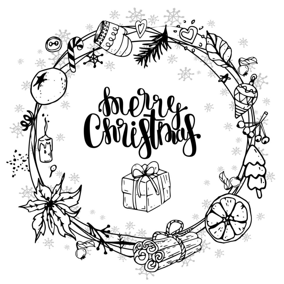 Merry christmas hand drawn lettering banner. Christmas wreath. Typography emblem. Text calligraphic inscription. Winter holiday poster template. vector