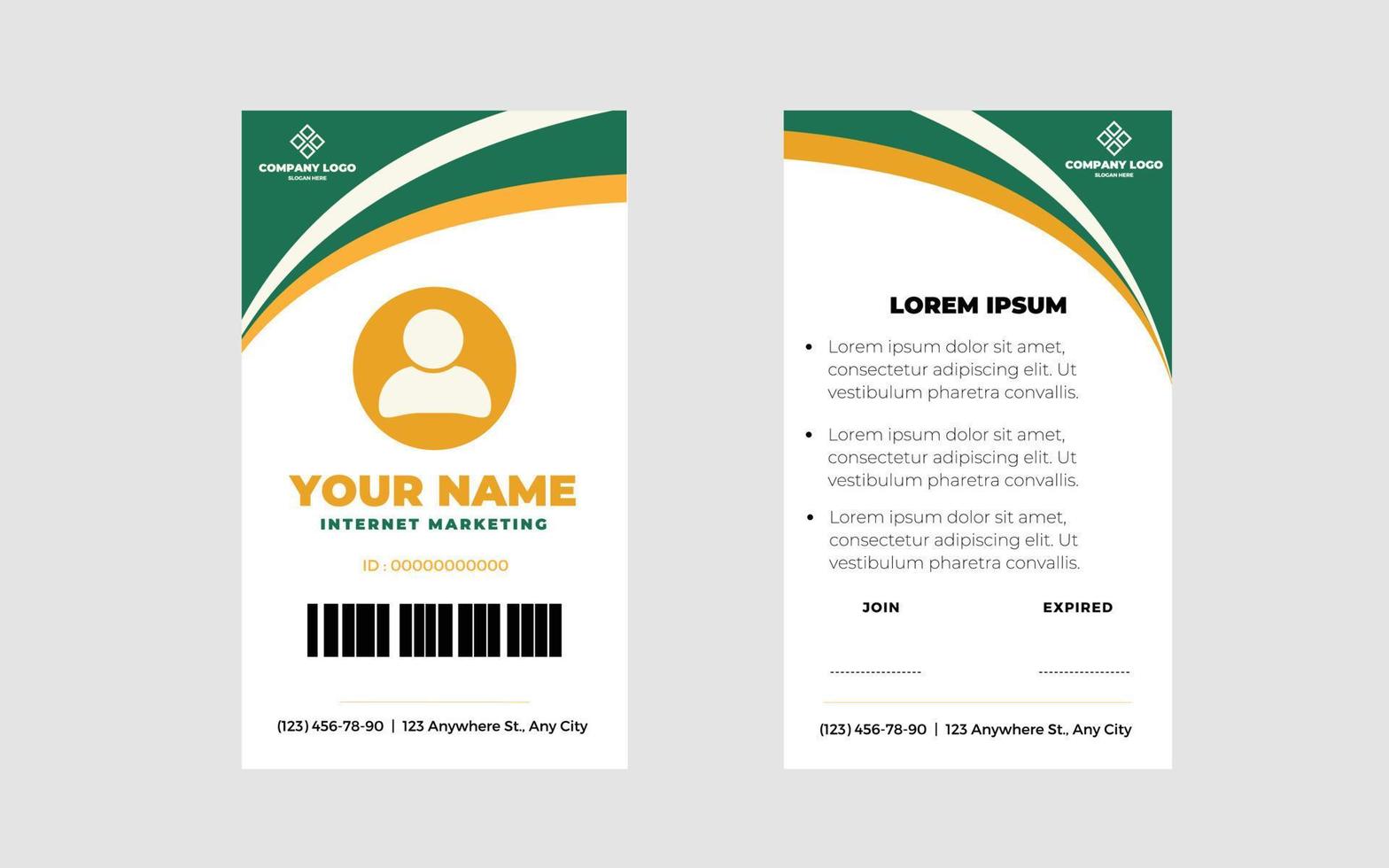 diseño de tarjeta de identificación gráfica verde y amarilla en fondo blanco vector