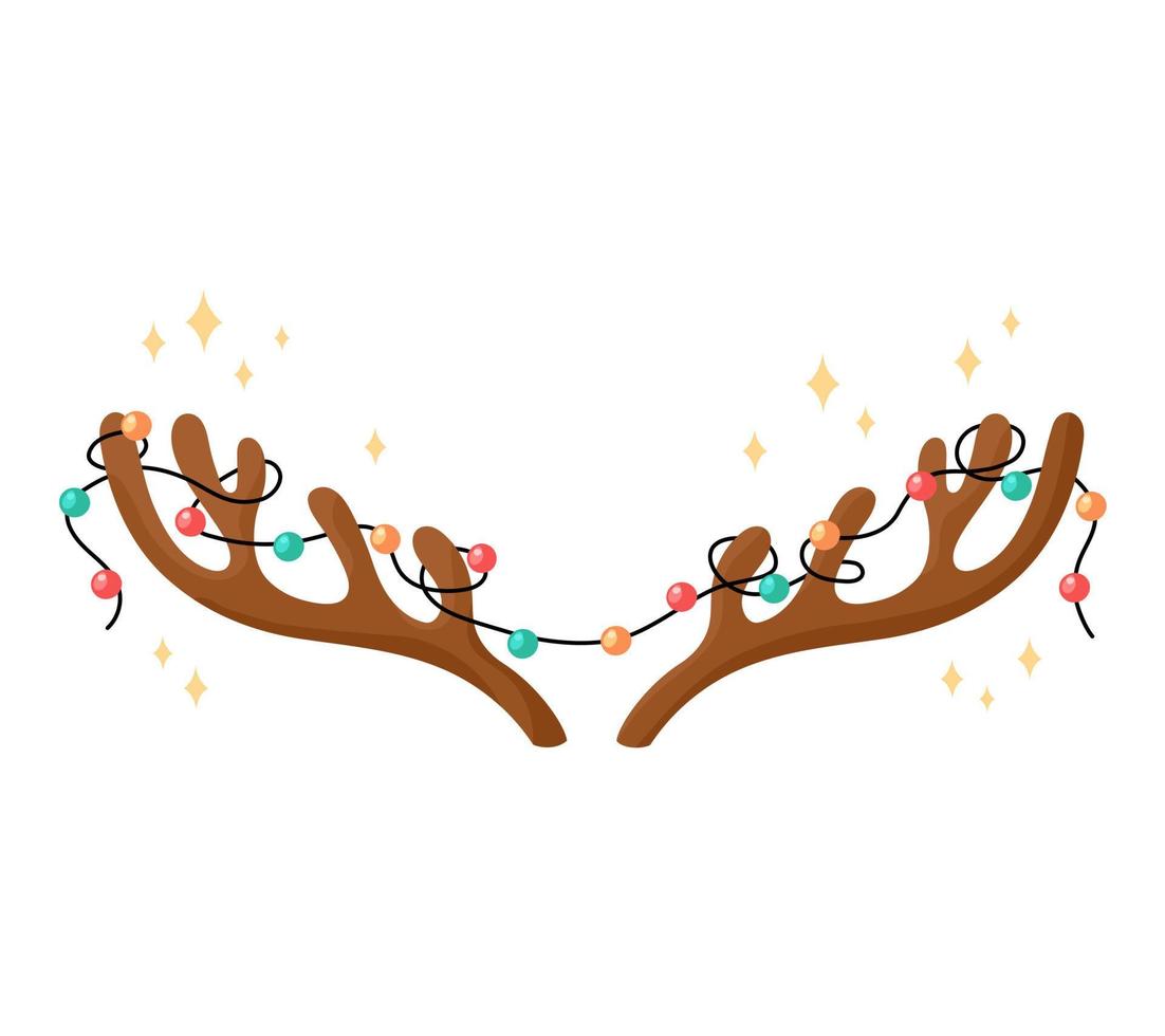 Antlers and garland isolated. Flat vector illustration. Xmas symbol. Horns of deer and colorful lights. Christmas design element on white background