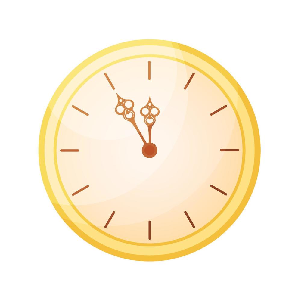 New Year clock isolated. Flat vector illustration. New year countdown symbol. Shiny golden clock showing midnight on dial