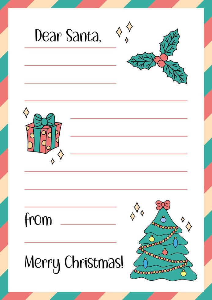 Letter to Santa Claus template. Christmas wishlist blank in cute doodle style. Empty Xmas wish list with copy space. Vector illustration. Vertical A4 format of paper