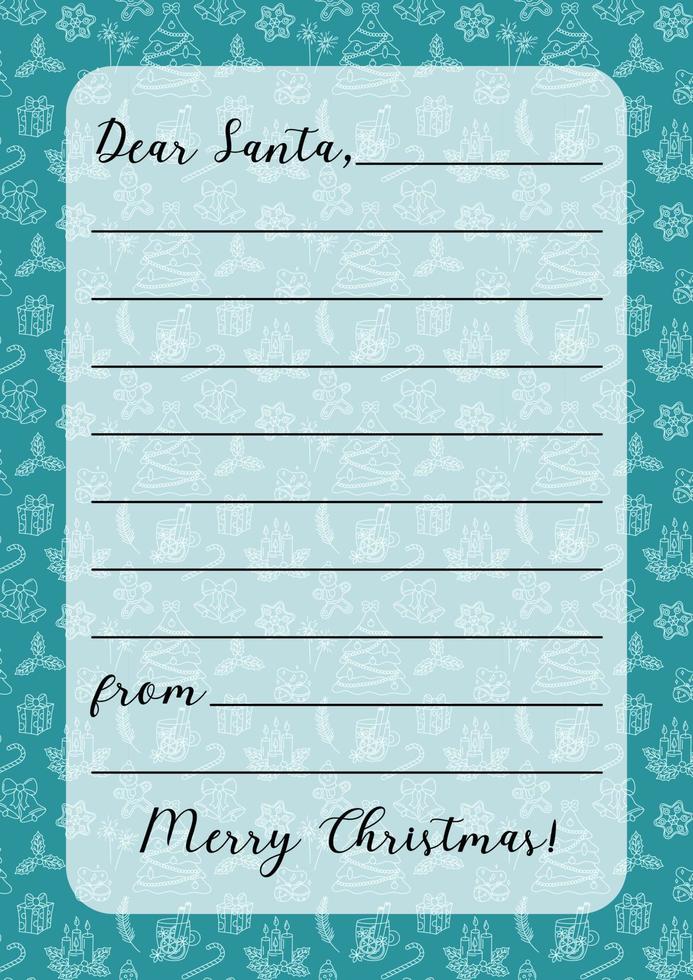 Letter to Santa Claus template. Christmas wishlist blank for kids. Simple cute doodle design. Empty Xmas wish list with copy space for handwriting. Vector illustration. Vertical A4 format of paper
