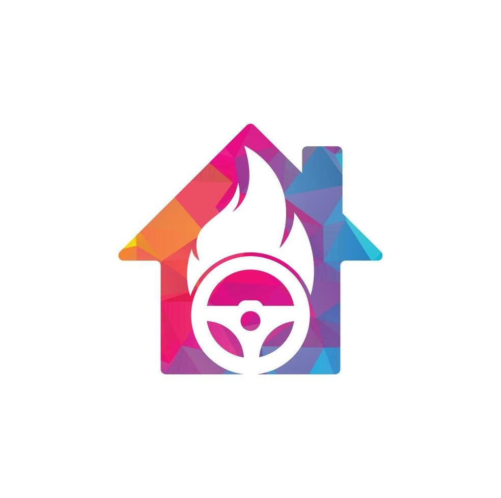 Fire driver home shape concept logo vector design template. Car steering wheel burning fire logo icon vector.