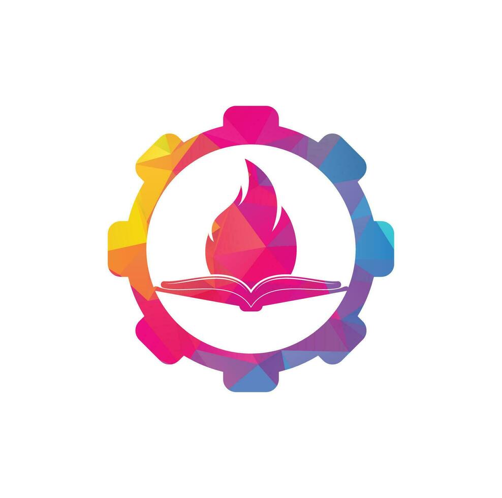 diseño de logotipo vectorial de forma de engranaje de fuego de libro. plantilla de diseño de logotipo de vector de libro de motivación.