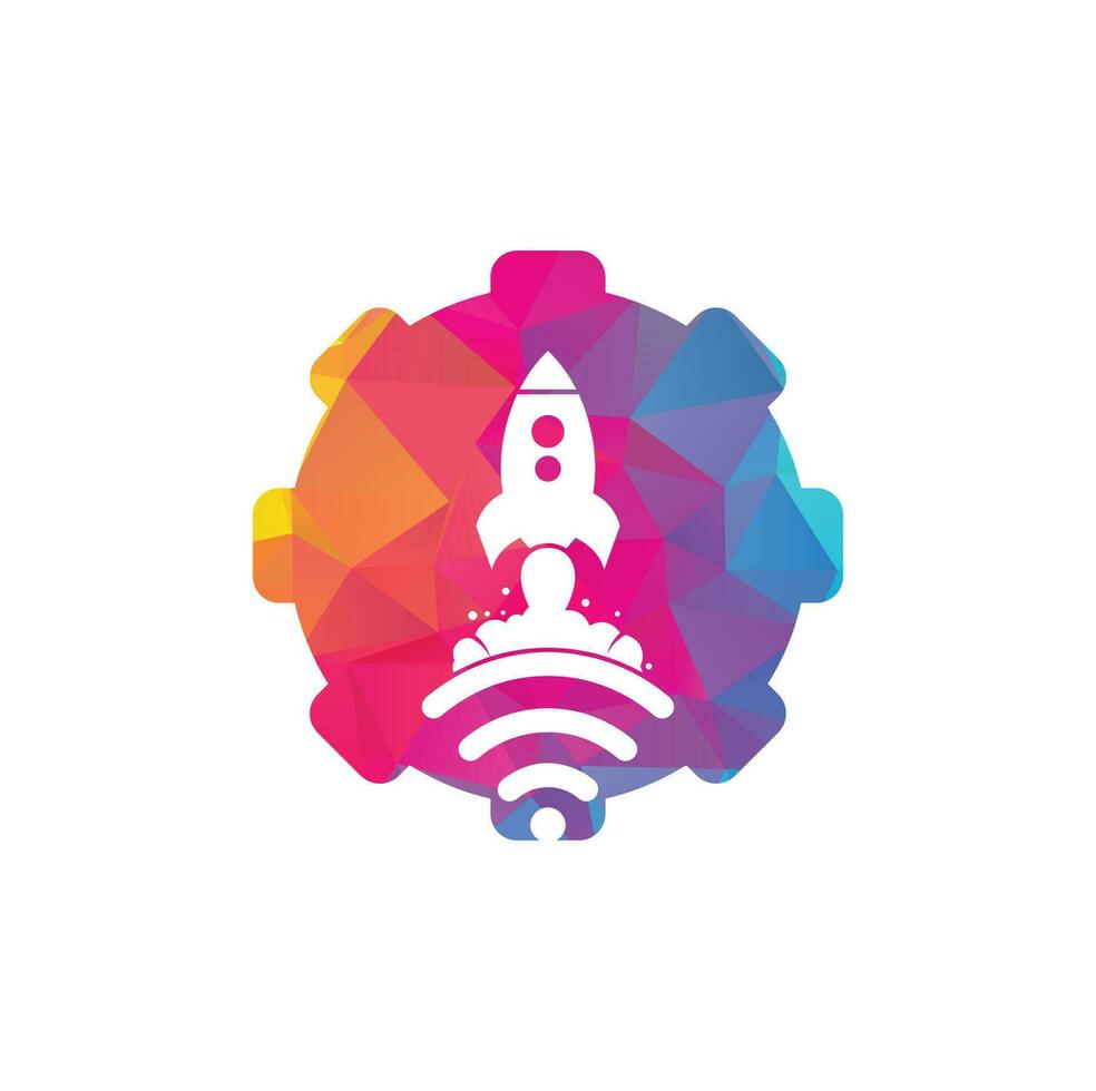 diseño de logotipo vectorial de concepto de forma de engranaje de cohete wifi. símbolo de señal wifi y vector de diseño de cohetes.