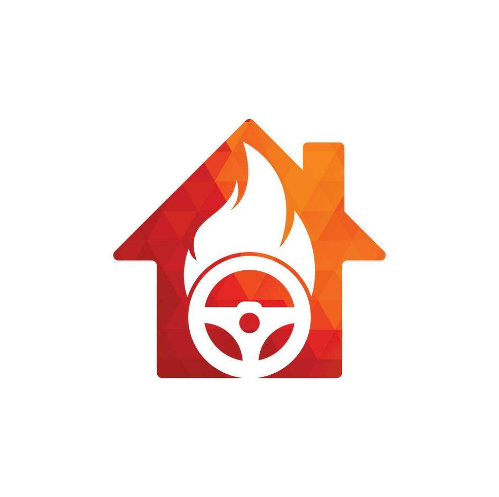 plantilla de diseño de vector de logotipo de concepto de forma de casa de conductor de fuego. vector del icono del logotipo del fuego ardiente del volante del coche.