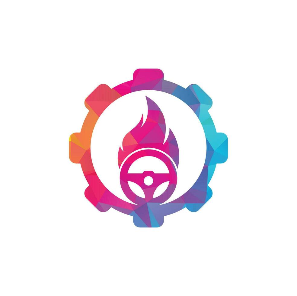 plantilla de diseño de vector de logotipo de concepto de forma de engranaje de conductor de fuego. vector del icono del logotipo del fuego ardiente del volante del coche.