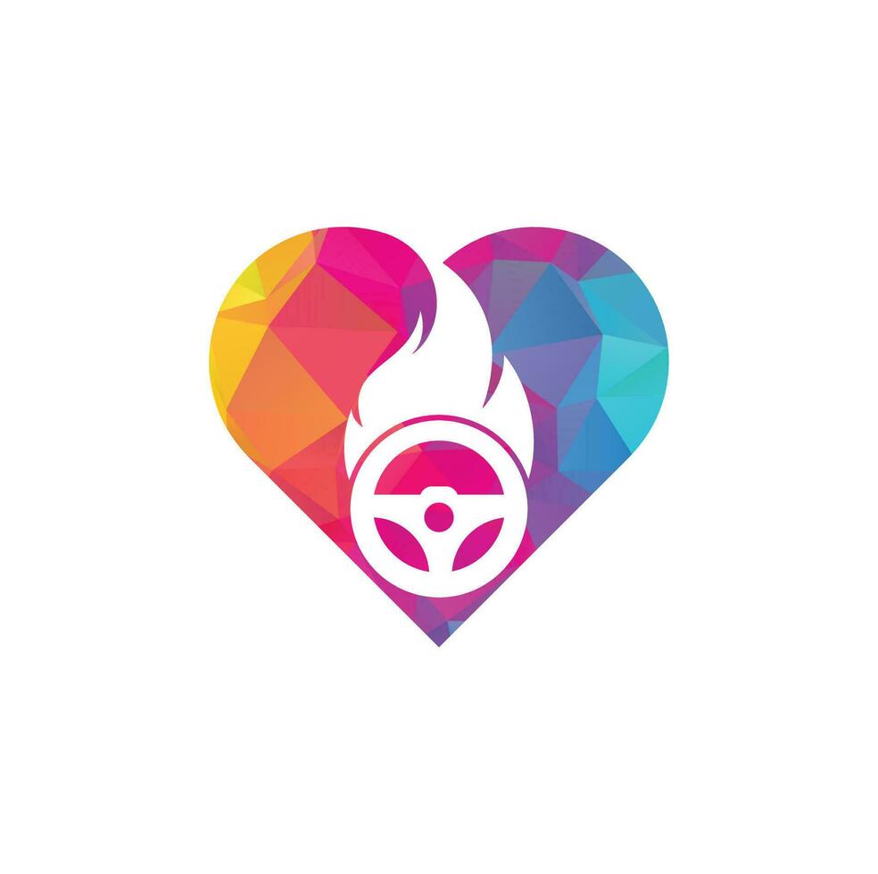 Fire driver heart shape concept logo vector design template. Car steering wheel burning fire logo icon vector illustration design