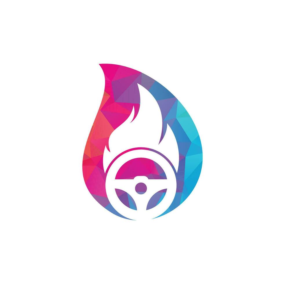 Fire driver drop shape concept logo vector design template. Car steering wheel burning fire logo icon vector