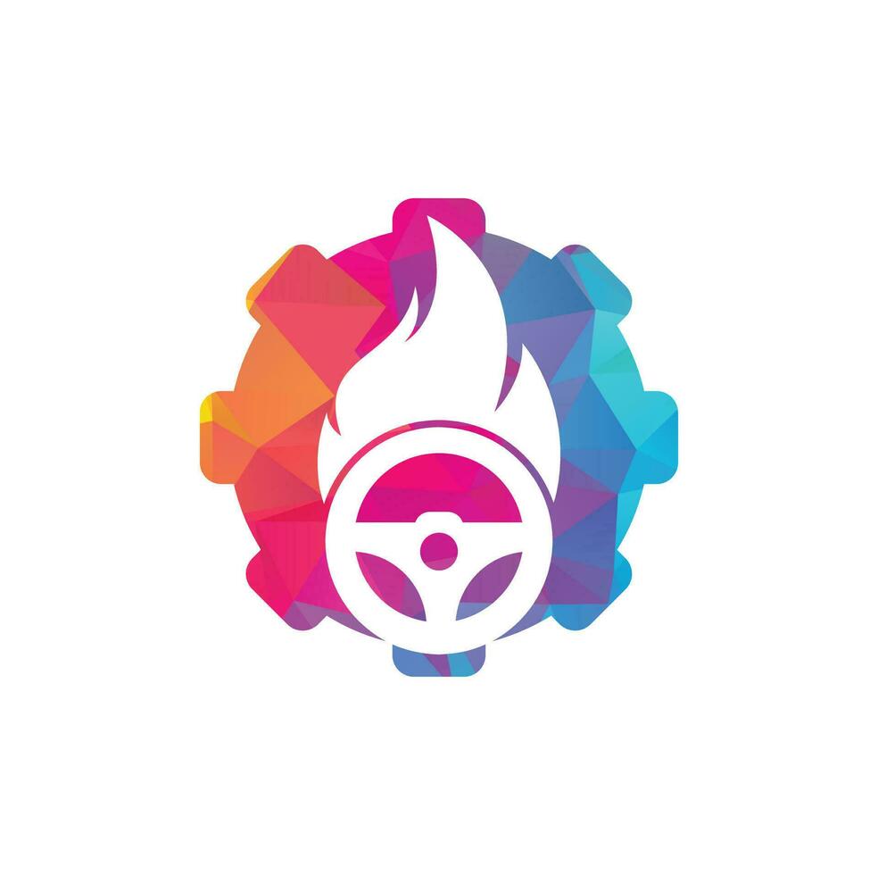 Fire driver gear shape concept logo vector design template. Car steering wheel burning fire logo icon vector.