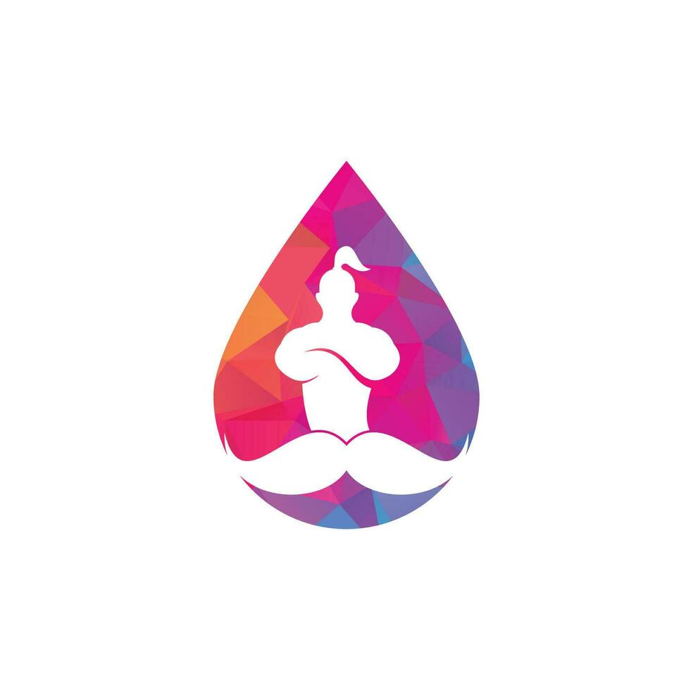 Mustache genie drop shape vector logo design. Strong genie icon template