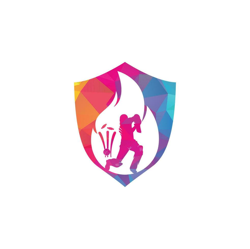 diseño del logotipo vectorial del jugador de cricket de fuego. icono del logotipo de fuego de grillo. logotipo de combinación de bateador jugando cricket y fuego vector