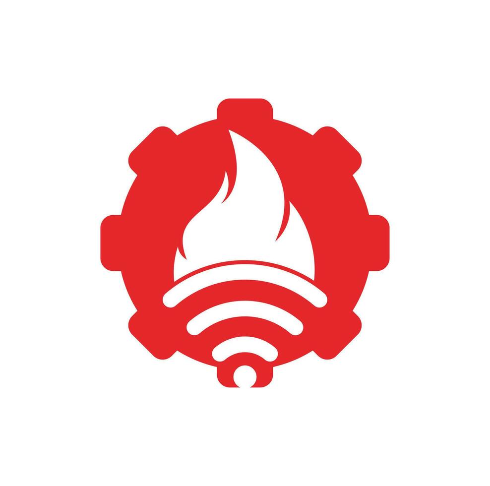 diseño de logotipo de engranaje wifi de fuego. símbolo o icono de llama y señal. vector