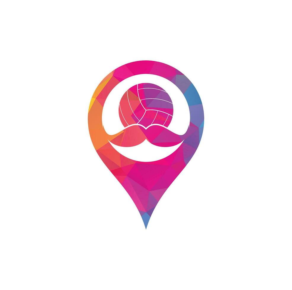 Strong volleyball vector logo design. Moustache and volley ball map pin icon design.