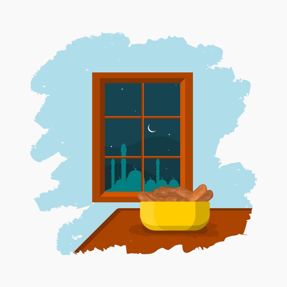 ilustración vectorial de escena nocturna interior editable con un cuenco de dátiles fruta en la mesa y silueta de mezquita en la ventana enmarcada con pinceladas para el concepto de diseño ramadan suhoor vector