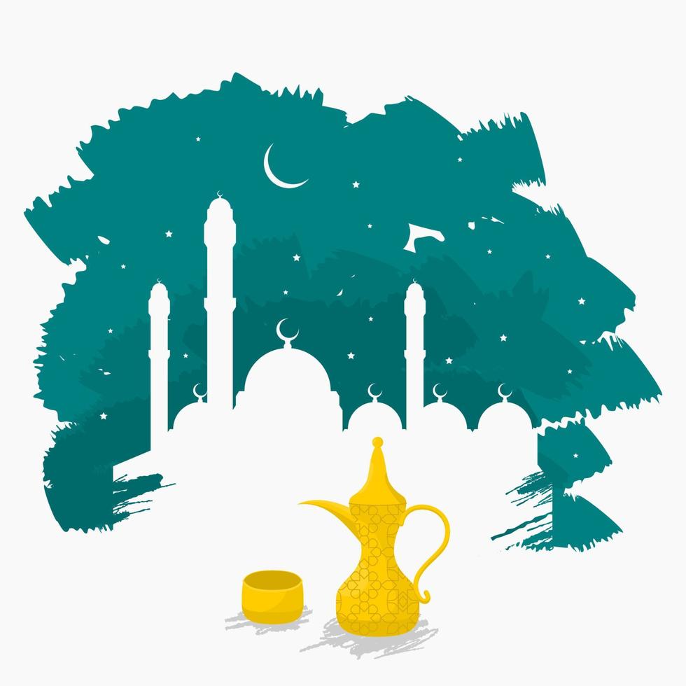 Editable Arab Coffee on Brushed Mosque Silhouette Vector Illustration for Night Scene of Ramadan or Eid Design Concept