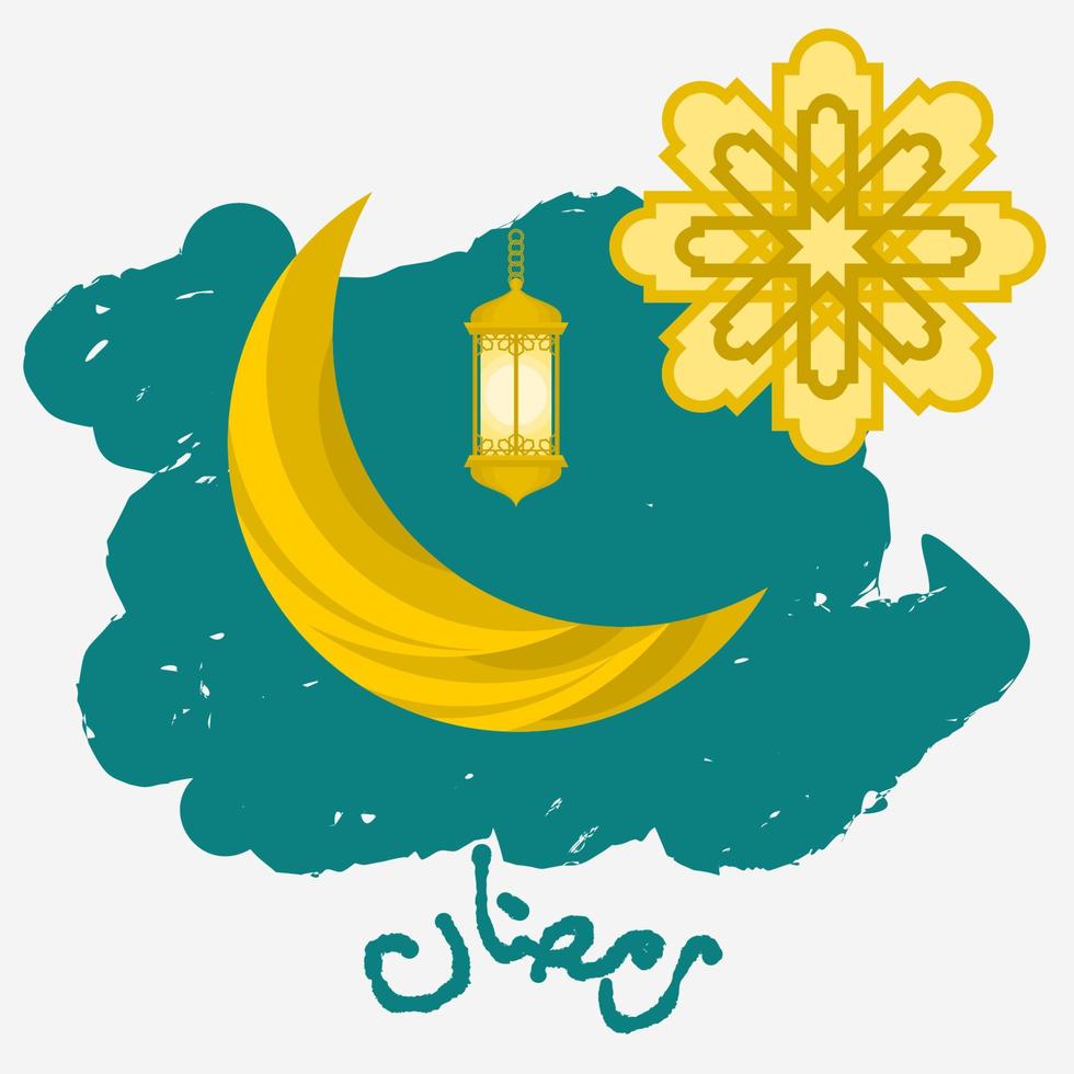 Editable Vector Illustration of Mosaic Style Crescent Moon With Hanging Lantern on Brush Strokes With Arabic Script of Ramadan and Arabesque Mandala for Islamic Poster or Background