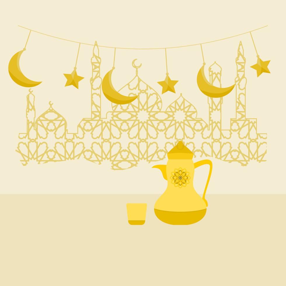 Editable Arabic Coffee Vector Illustration in Front of Patterned Mosque Silhouette With Hanging Crescents and Stars for Ramadan Iftar Party Poster or Cafe With Middle Eastern Culture Design Concept