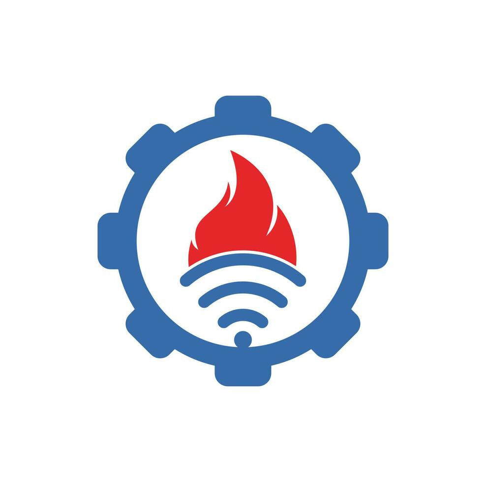 diseño de logotipo de engranaje wifi de fuego. símbolo o icono de llama y señal. vector