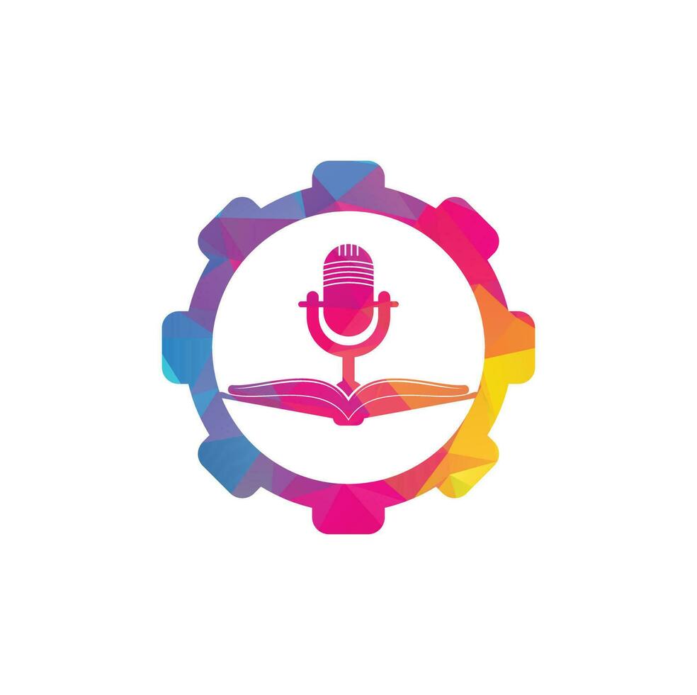 Podcast book gear shape vector logo design. Education podcast logo concept