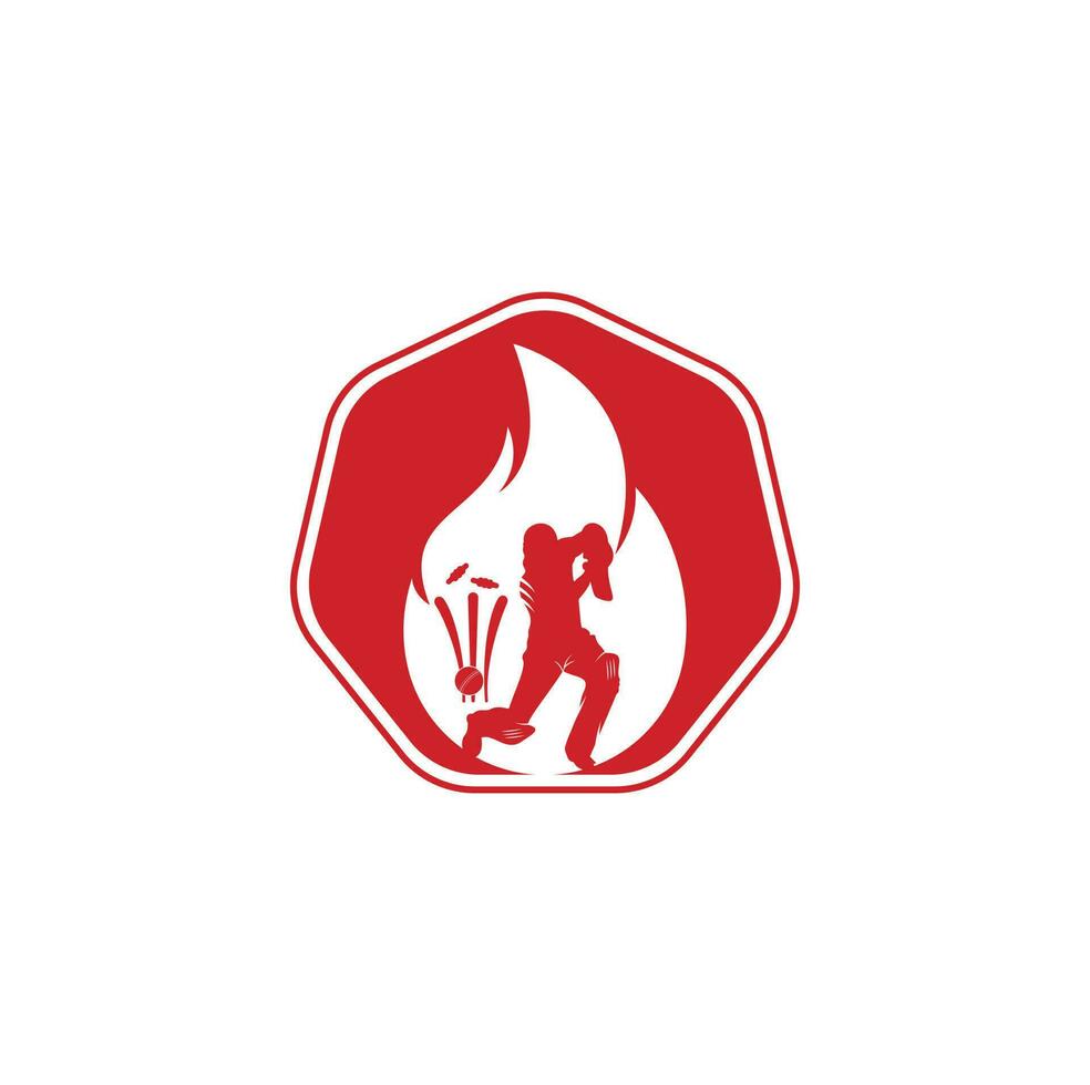 diseño del logotipo vectorial del jugador de cricket de fuego. icono del logotipo de fuego de grillo. logotipo de combinación de bateador jugando cricket y fuego vector