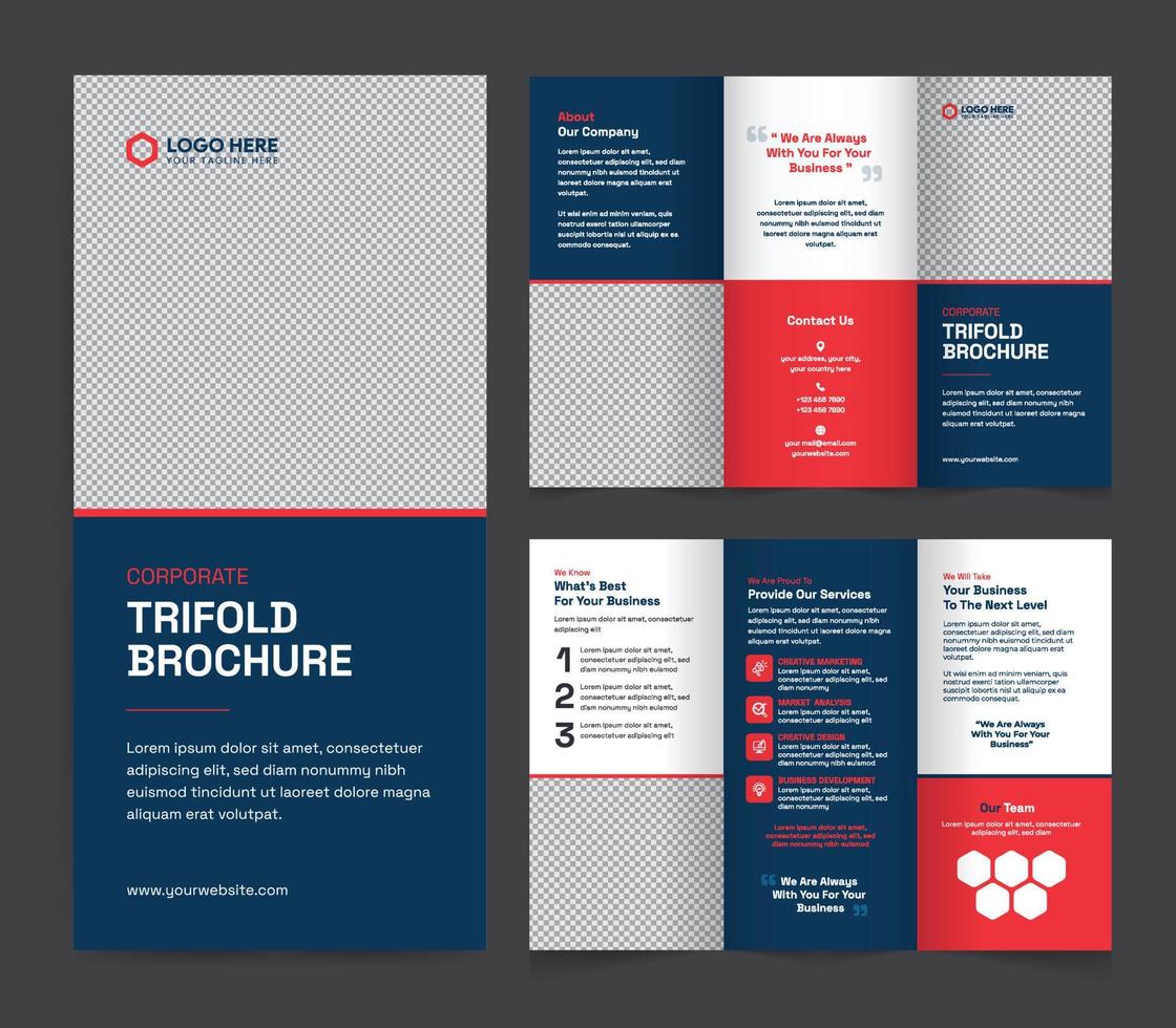 Corporate trifold brochure template. Modern, Creative, and Professional tri-fold brochure vector design. Simple and minimalist layout with blue and red colors. Corporate Business Trifold Brochure.