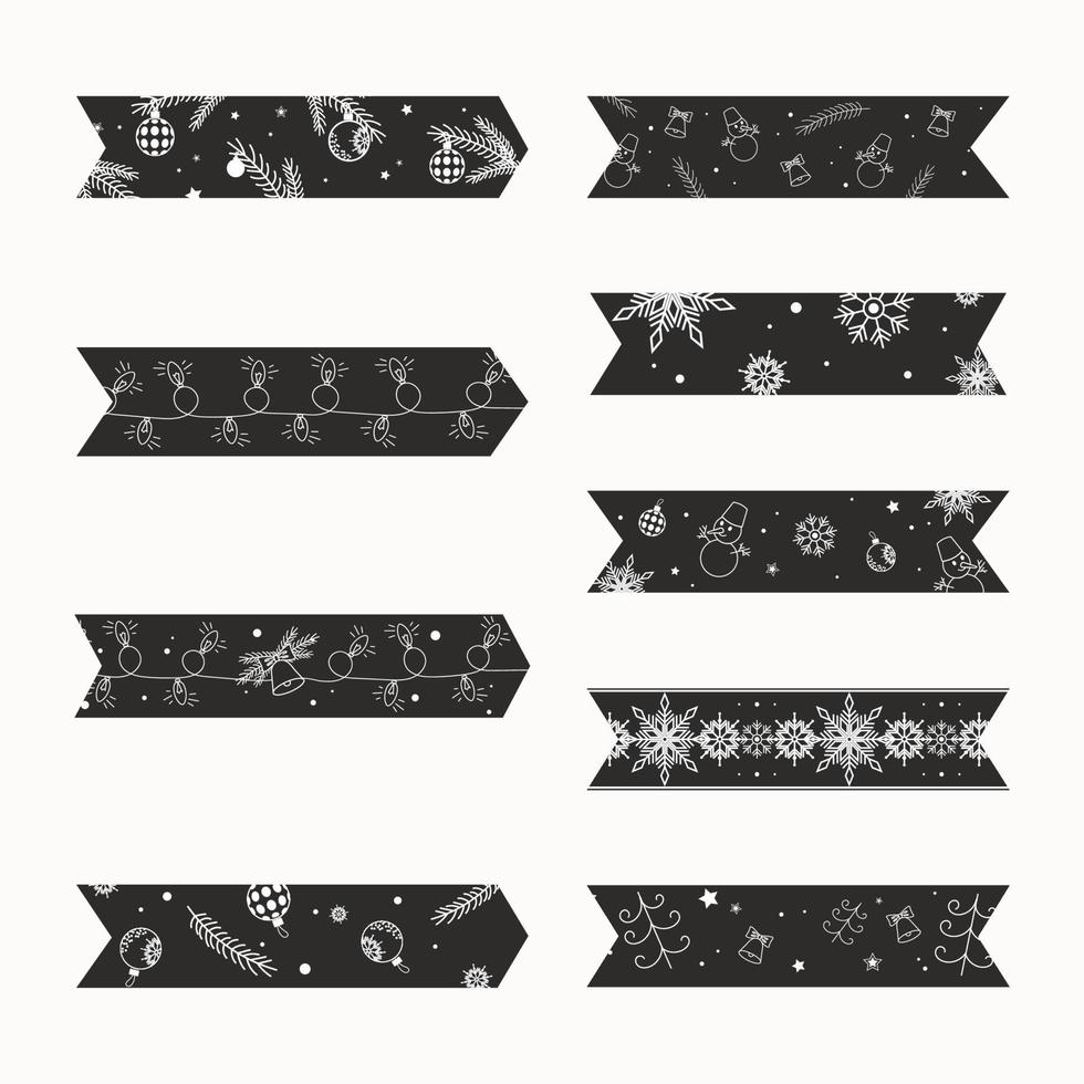 conjunto de cintas washi adhesivas de navidad en blanco y negro clipart de año nuevo vector