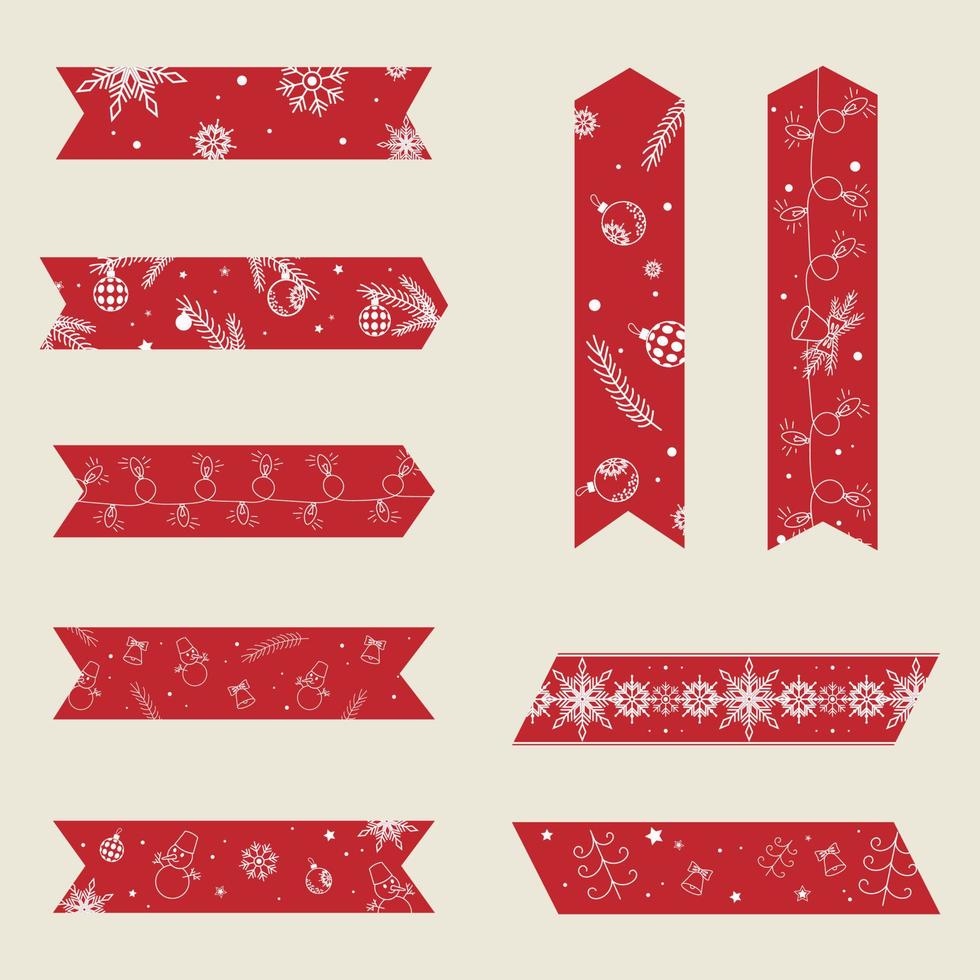 conjunto de cintas washi adhesivas navideñas rojas clipart de año nuevo vector