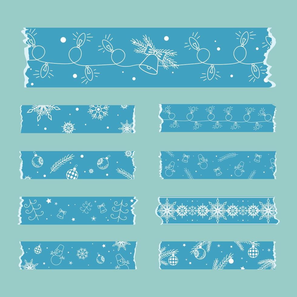 cintas azules washi tape sticker set tema navidad año nuevo clipart vector