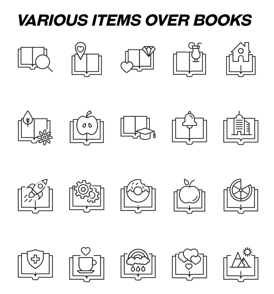 Book, reading, novel, education. Editable stroke. Vector line icon set with symbols of heart, diamond, cocktail and other elements next to opened book