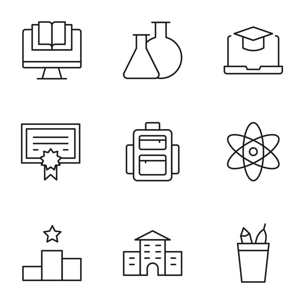 Collection of isolated vector line icons for web sites, adverts, articles, stores, shops. Editable strokes. Signs of books on computer, laboratory bulbs, academic square cap on laptop