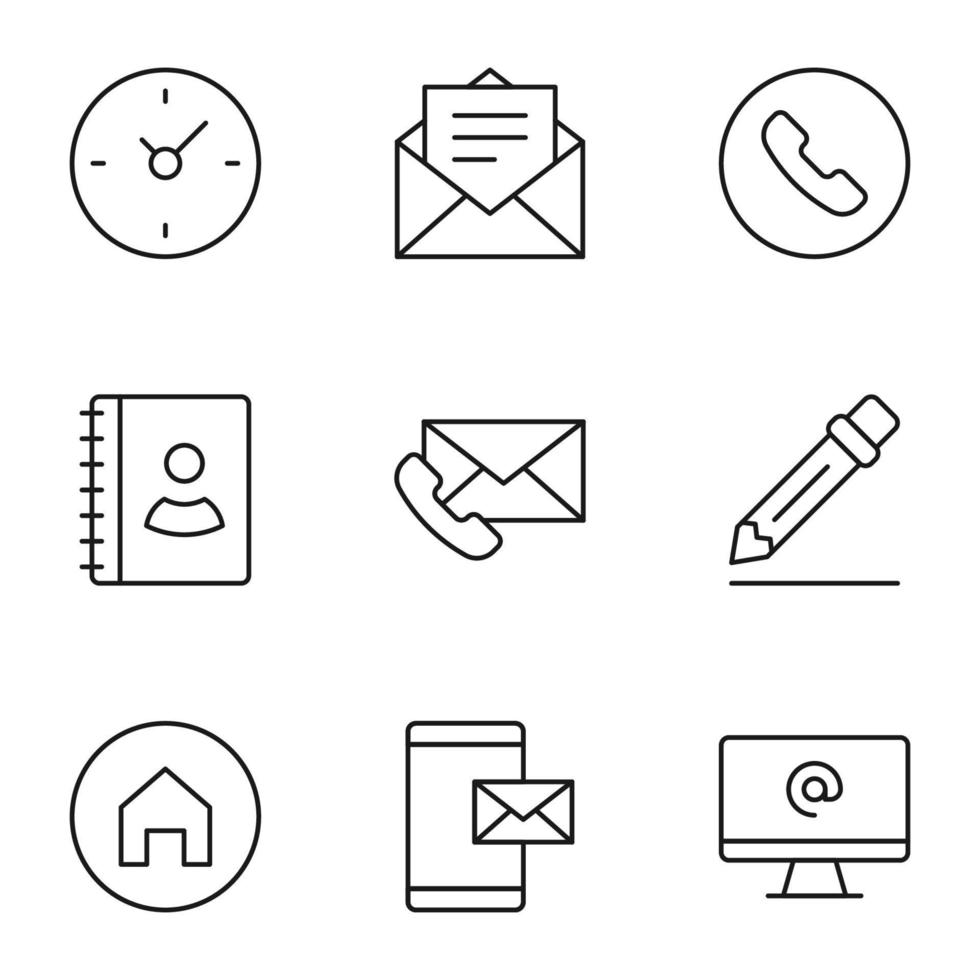 Collection of isolated vector line icons for web sites, adverts, articles, stores, shops. Editable strokes. Signs of clock, post, phone, contact, book, write, house, envelope