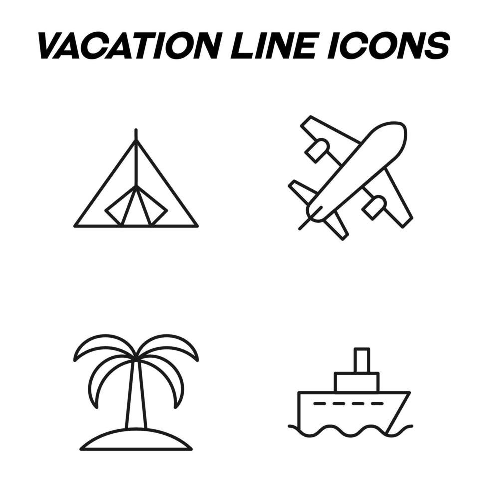 Minimalistic outline signs drawn in flat style. Editable stroke. Vector line icon set with symbols of tent, airplane, palm, passenger ship