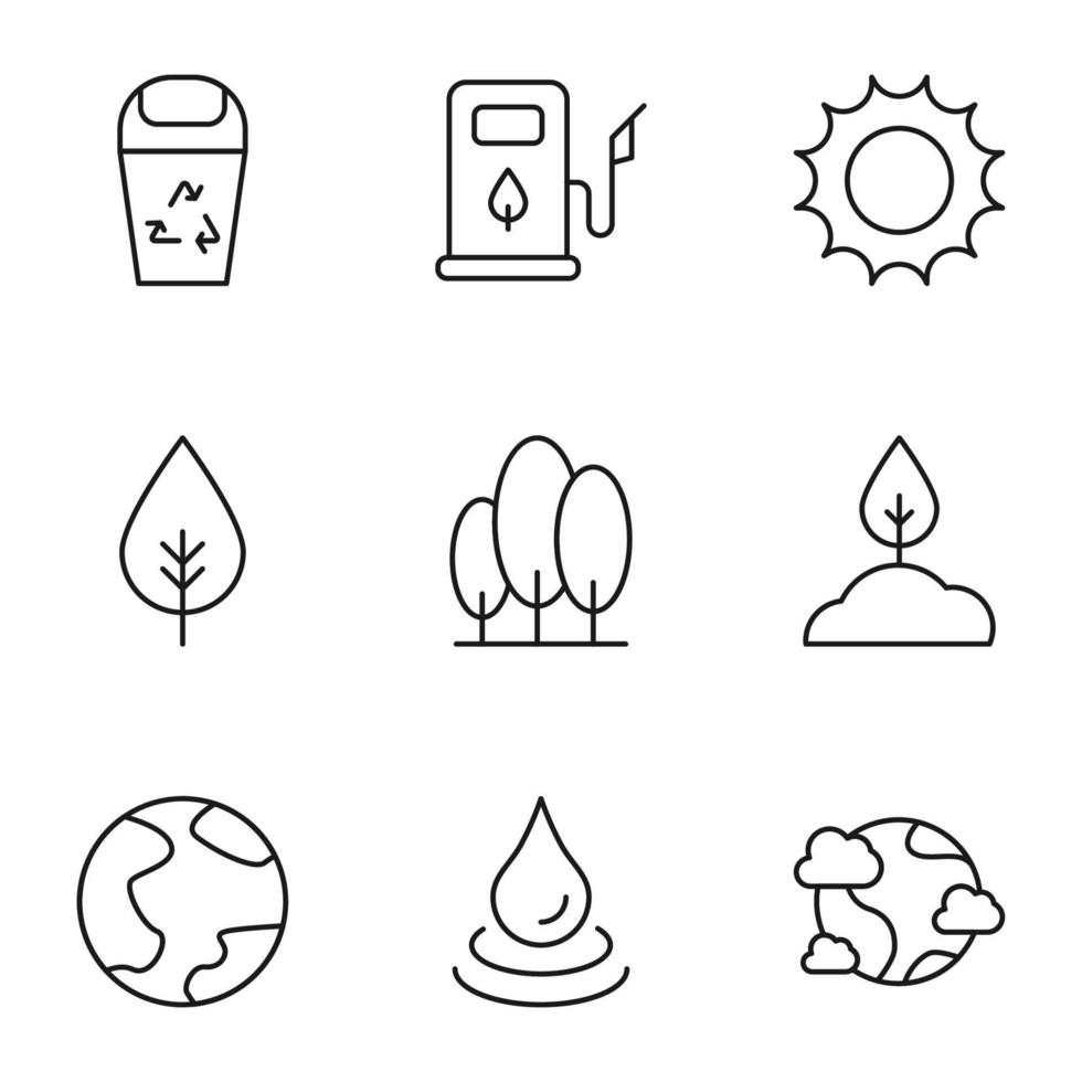 Collection of isolated vector line icons for web sites, adverts, articles, stores, shops. Editable strokes. Signs of trash recycle, gas station, sun, leaf, forest, earth, water