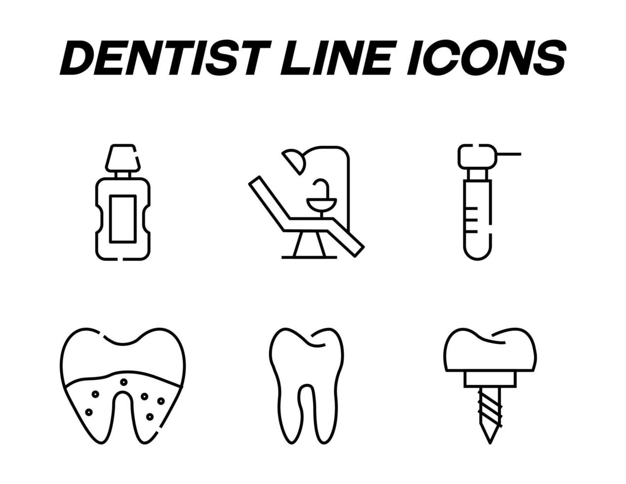 Monochrome signs in flat style for stores, shops, web sites. Editable stroke. Vector line icon set with symbols of dental post, mouthwash, caries, dentist chair, tool, caries