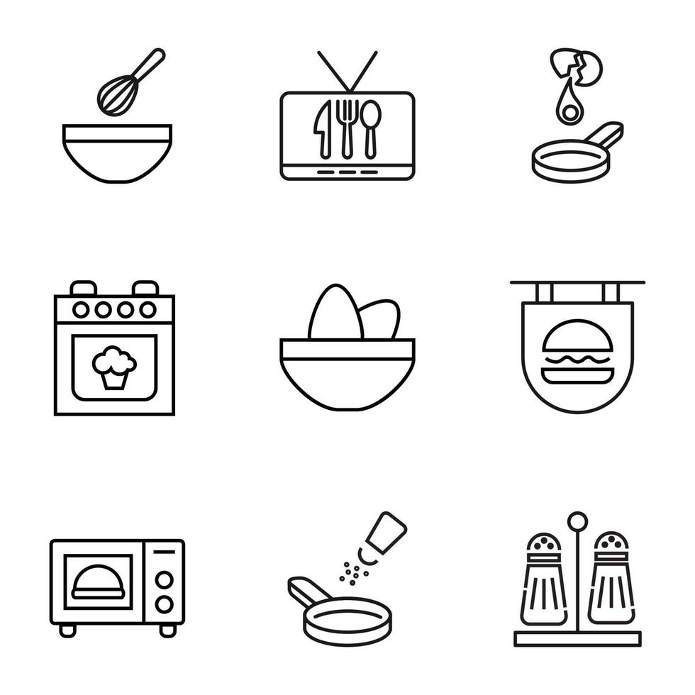 Collection of isolated vector line icons for web sites, adverts, articles, stores, shops. Editable strokes. Signs of mixer, culinary show, omelet, cake, eggs, burger, microwave