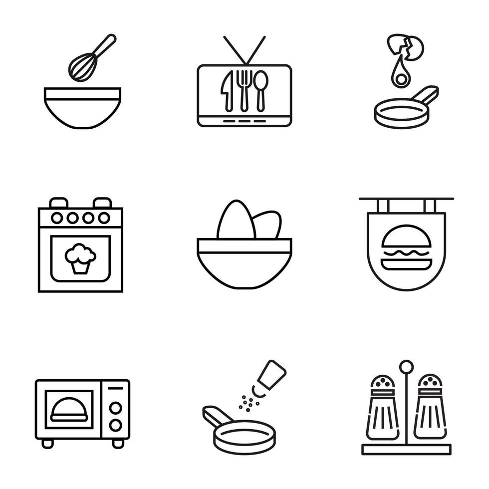 Collection of isolated vector line icons for web sites, adverts, articles, stores, shops. Editable strokes. Signs of mixer, culinary show, omelet, cake, eggs, burger, microwave