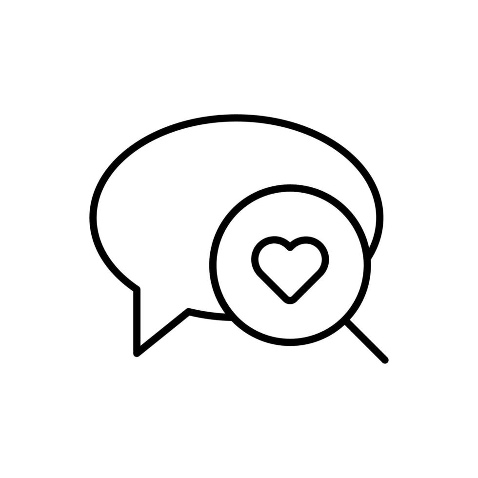 Simple vector isolated pictogram drawn with black thin line. Editable stroke for web sites, adverts, stores, shops. Vector line icon of heart in loupe in speech bubble